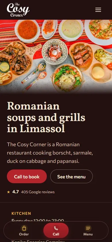 The Cosy Corner, a demo restaurant site we designed, on a phone